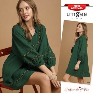 Umgee Textured Leopard Print Details Long Sleeves Relaxed Fit Mini Dress | Green